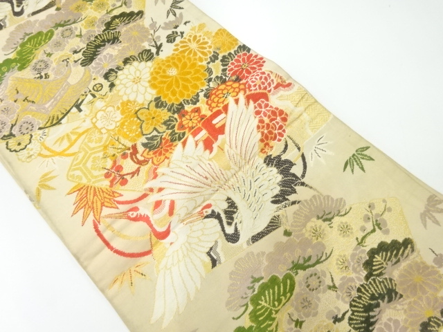 JAPANESE KIMONO / ANTIQUE MARU OBI / WOVEN CRANE & FLORAL PLANTS